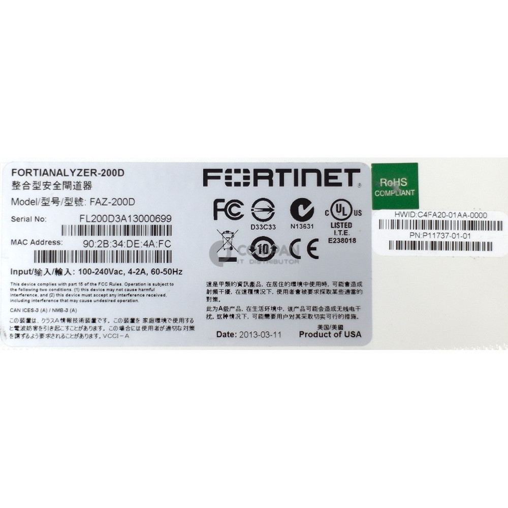P11737-01-01 FORTINET FORTIANALYZER 200D 4-PORT ETHERNET